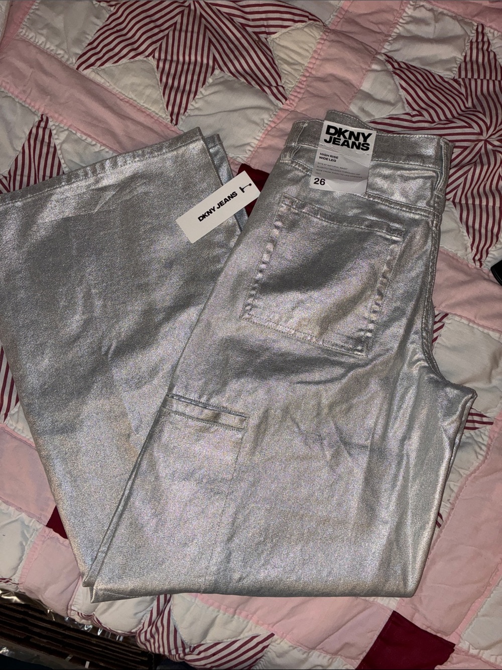 NWT DKNY Silver Metallic High Rise Wide Leg Jeans Sz 26